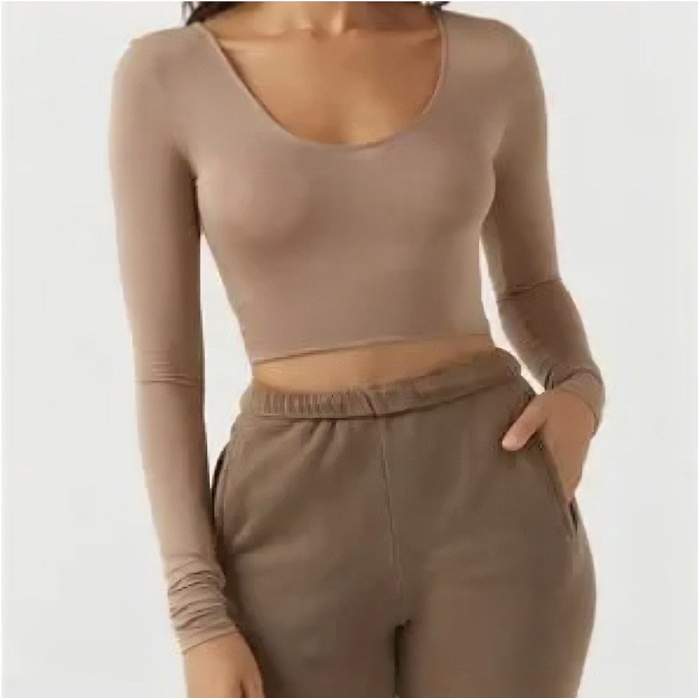 Joah Brown Scoop Neck Long Sleeve Top In Sienna, Light Brown Tan, EUC xs/s - Picture 2 of 12